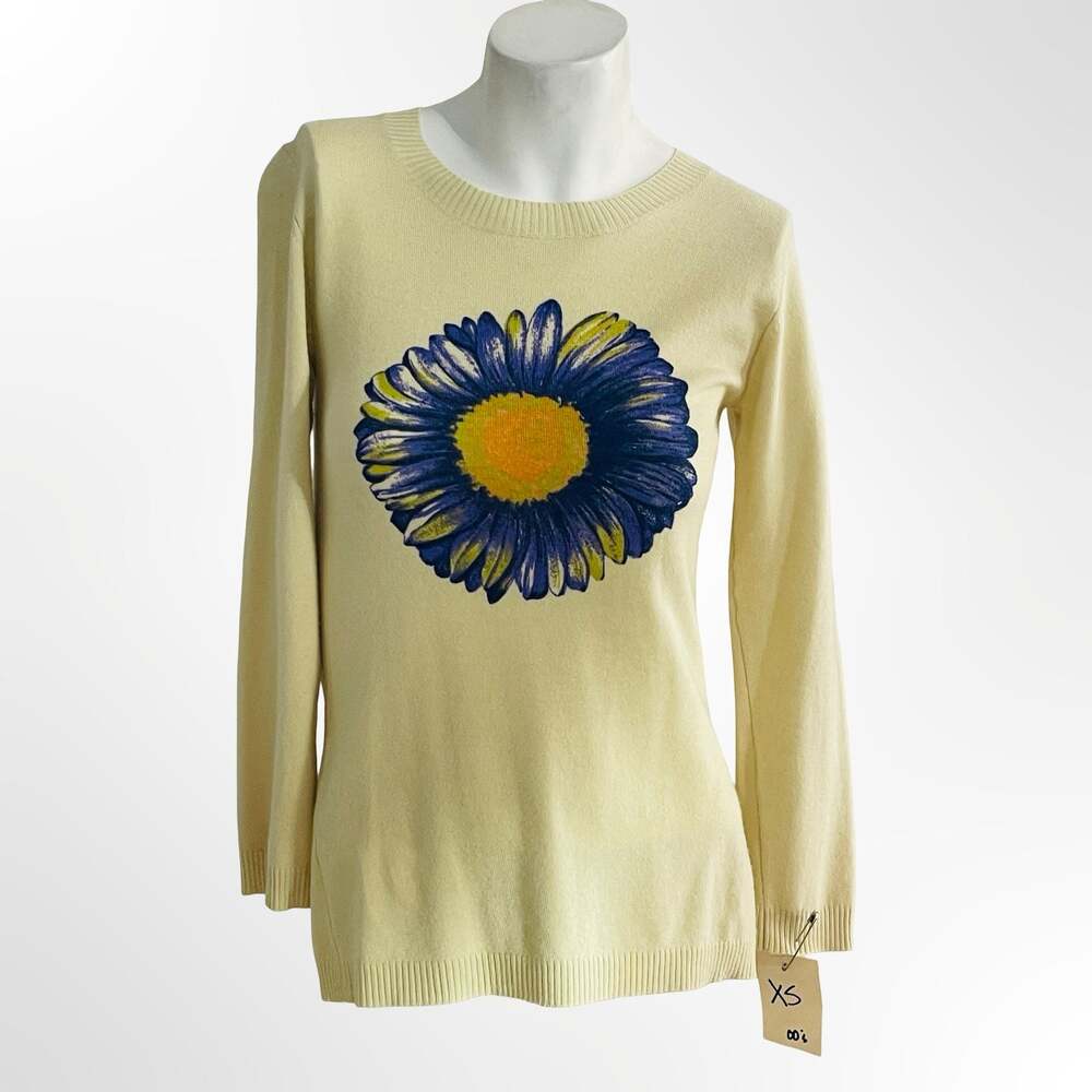 Yellow Long Sleeve Crewneck Sweater with Blue Sunflower Graphic XS - Picture 2 of 6